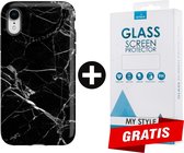 Backcover Marmerlook Hoesje iPhone XR Zwart - Gratis Screen Protector - Telefoonhoesje - Smartphonehoesje
