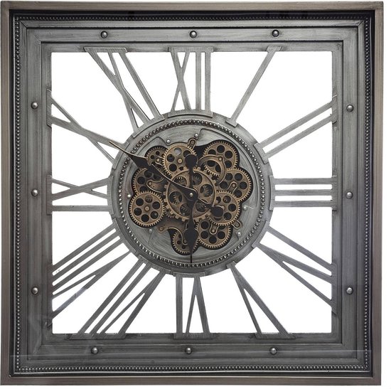 MANDEE.NL - Grote Vierkante Wandklok - Vierkant Muurklok - Mera Industriële Metalen Wandklok 80 x 80 cm - Loft Wandklok - Stil Mechanisme Woonkamer klok - Interieur Wandklok Grijze grote klok - Vierkant Grijze Wandklok