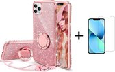 Apple iPhone 13 Mini | Ring Houder | Back Cover Telefoonhoesje | Glitter | TPU Hoesje | Roze + 1x Screenprotector