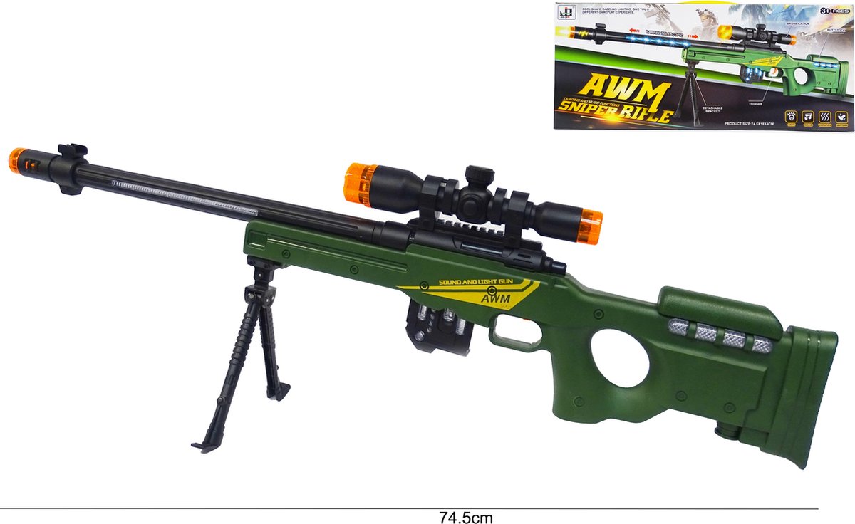Speelgoed geweer met led lichtjes, trilling en schietgeluiden - scherpschutters - Sniper Rifle AWM 74.5CM (incl. batterijen) - Donny Toys