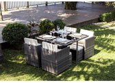 CARIOCA2 verzonken tuinmaaltijdset - tafel 110x110 glazen blad + 4 fauteuils en 4 Ottomanen in gevlochten hars - grijs
