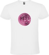 Wit t-shirt met groot 'BitCoin print' in Roze tinten size L