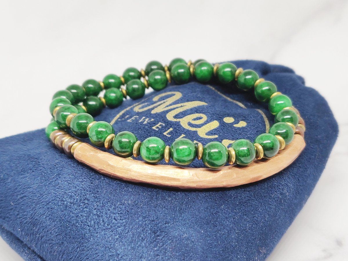 Mei's Tibetan Coppery Jade | Tibetaanse armband dames / wikkelarmband | Edelsteen / Afrikaanse Jade / Koper | polsmaat 17 cm / groen