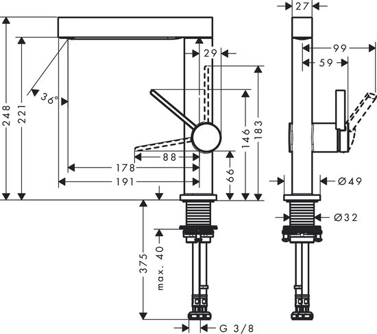 Technische tekening van wastafelkraan met afmetingen.
