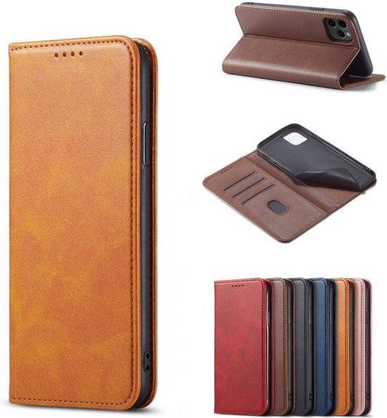 Étui de téléphone brun en cuir avec gros plans des fonctionnalités et une rangée de 6 étuis de différentes couleurs.