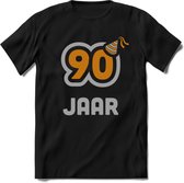 90 Jaar Feest T-Shirt | Goud - Zilver | Grappig Verjaardag Cadeau Shirt | Dames - Heren - Unisex | Tshirt Kleding Kado | - Zwart - 3XL