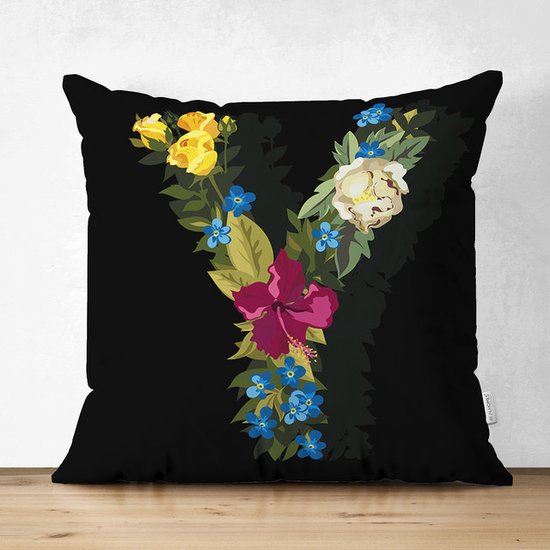 Velvet kussenhoes - Letter Y van bloemen op zwart - 45x45 cm - Kussenloop - Fluweel -  Valentijn Cadeau