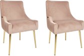 Eetkamerstoelen set van 6 Velvet Roze met geribbelde achterkant - gouden poten - Eettafelstoelen velours Roze met armleuning