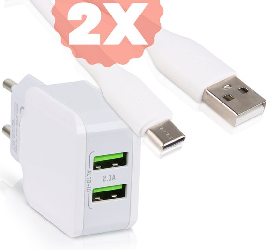 USB Lader met 2 Poorten + 2x USB C naar USB Kabel - 2 Meter - Wit