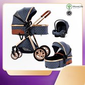 MoreLife Kinderwagen 3 in 1 | Buggy | Kinderwagen met stoel en wieg | Hoge Kwaliteit | Complete Set | Limited Edition Bruin Goud