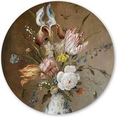 Wandcirkel Bloemstilleven met Porseleinen vaas - 120 cm - Aluminium; Dibond - Schilderij Oude Meesters & Bloemen