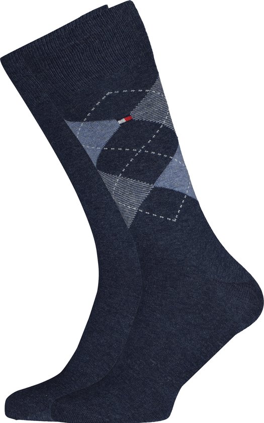 Tommy Hilfiger Check Socks (2-pack) - herensokken katoen - geruit en uni - jeans blauw - Maat: 39-42