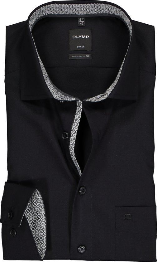 OLYMP Luxor modern fit overhemd - zwart (contrast) - Strijkvrij - Boordmaat: