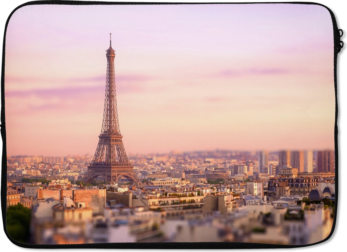 Laptophoes 14 inch 36x26 cm - Parijs - Macbook & Laptop sleeve Zonsondergang over Parijs - Laptop hoes met foto
