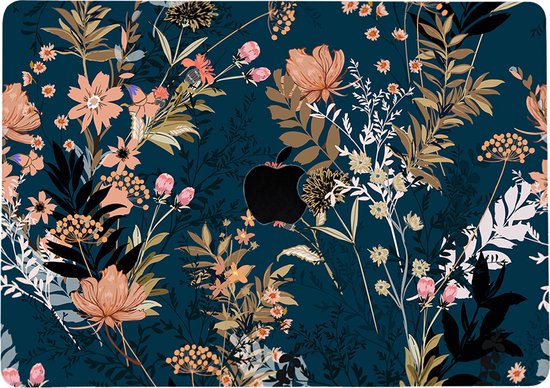 Housse de MacBook Pro bleu foncé avec un imprimé floral détaillé aux teintes rose, orange et beige.