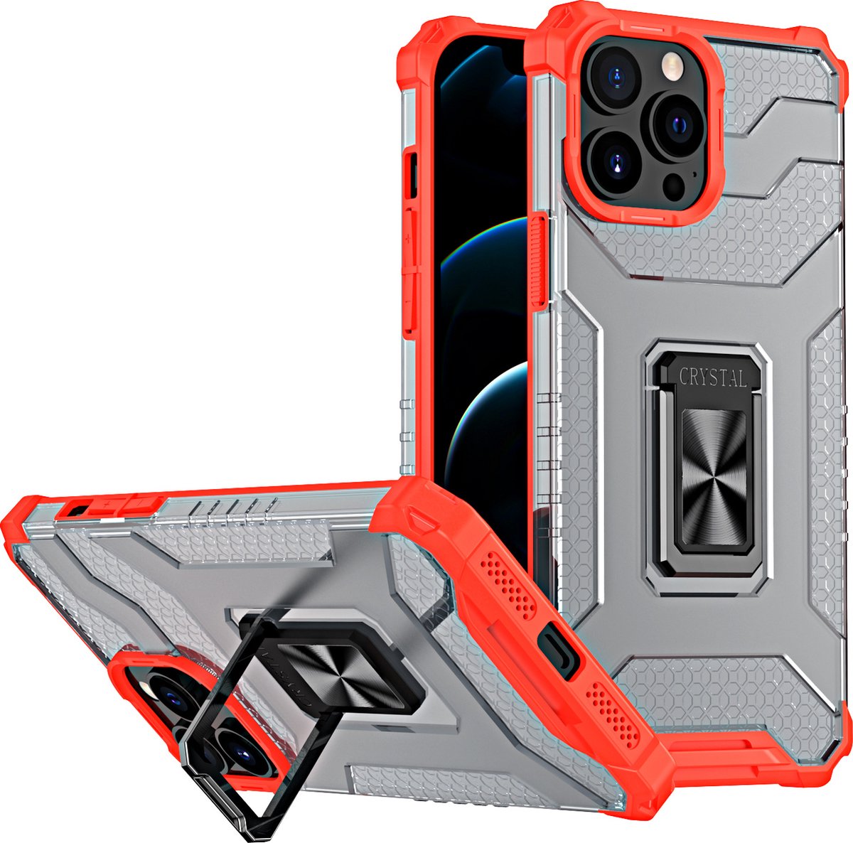 Hoesje Geschikt voor iPhone 13 Pro Max transparent rugged case Met Ringhouder – Rood