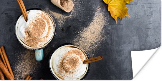 Poster Een bovenaanzicht van herfstachtige koffie geserveerd met kaneel - 40x20 cm