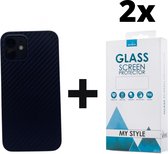 Backcase Carbon Hoesje iPhone 12 Blauw - 2x Gratis Screen Protector - Telefoonhoesje - Smartphonehoesje