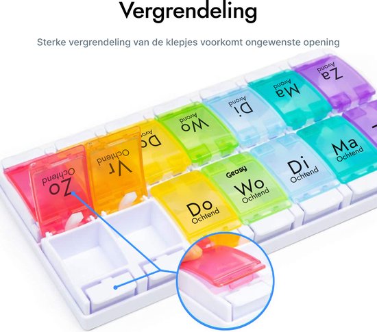 GEASY Pillendoos 7 dagen 2 Vakken - Pillendoosjes met handig kliksysteem - Grote vakken met sterke vergrendeling - Nederlandstalig - Medicijndoosje 7 dagen – Pillendoosjes 7 dagen 2 vakken – Pillendoosje