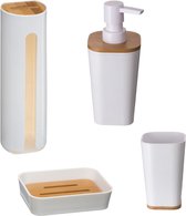 Badkameraccessoires set wit - Zeeppompje zeepdispenser - Wattenschijfjeshouder - Wattenschijfjes dispenser - Bakje voor tandenborstel - Zeepbakje - Zeephouder