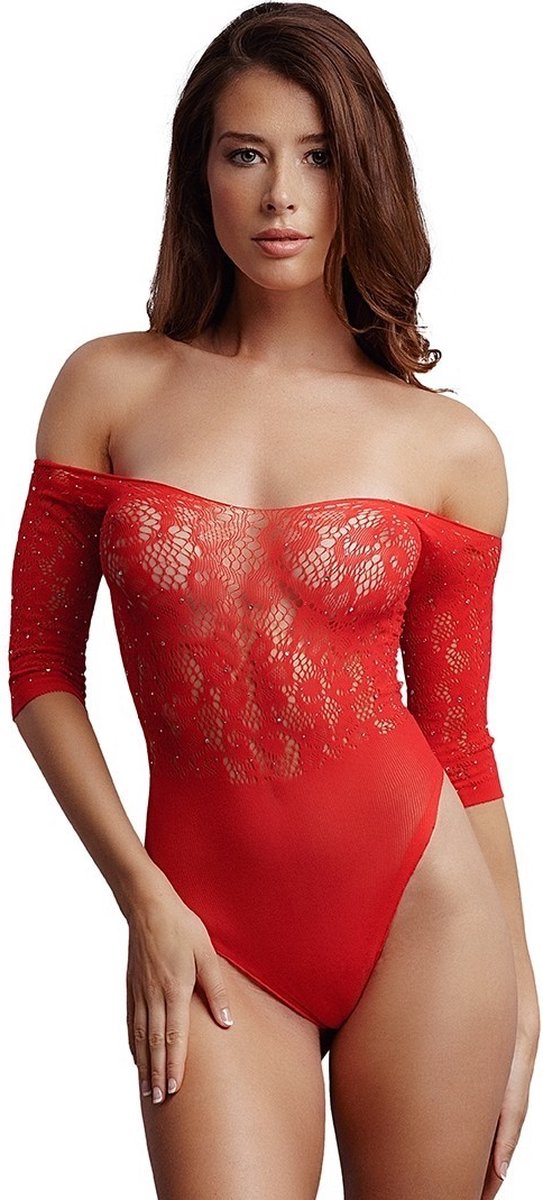 Goedkoopste Crotchless Rhinestone Teddy - Red - O/S