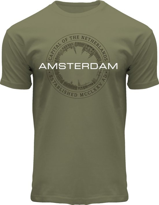 Fox Originals Circle Skyline T-shirt Amsterdam Heren & Dames Katoen Army Groen Maat M