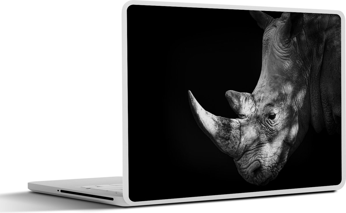 Laptop sticker - 17.3 inch - Zwart-witte neushoorn weergegeven op een zwarte achtergrond - 40x30cm - Laptopstickers - Laptop skin - Cover