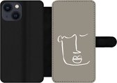 Bookcase Geschikt voor iPhone 13 Mini telefoonhoesje - Lippen - Abstract - Line art - Met vakjes - Wallet case met magneetsluiting