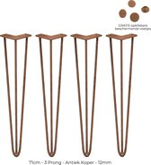 4 x Tafelpoten staal - Lengte: 71cm - 3 pin - 12mm - Koper - SkiSki Legs ™ - Retro hairpin pinpoten