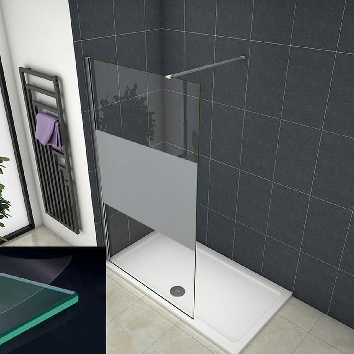 vrijstaande inloopdouche 120x200cm,douchescherm,8mm gezandstraald