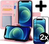 Hoes voor iPhone 12 Hoesje Book Case Met 2x Screenprotector Full Cover 3D Tempered Glass - Hoes voor iPhone 12 Case Hoesje Cover - Hoes voor iPhone 12 Hoes Wallet Case Hoesje - Lic