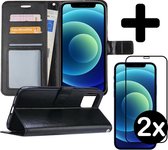 Hoes voor iPhone 12 Hoesje Book Case Met 2x Screenprotector Full Cover 3D Tempered Glass - Hoes voor iPhone 12 Case Hoesje Cover - Hoes voor iPhone 12 Hoes Wallet Case Hoesje - Zwa
