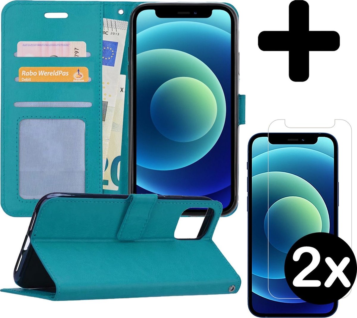 Hoesje - Met 2x Screenprotector - Geschikt voor Apple iPhone 12 Pro - Luxe Pasjeshouder - Flip Case - Bookcase Portemonee - Kunstleer Book Case - Flipcase Hoes - Book Cover - Walletcase - Portemonneehoes - Telefoonhoes - Turquoise
