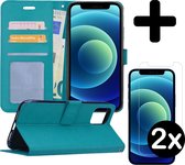 Hoes voor iPhone 12 Pro Hoesje Book Case Met 2x Screenprotector Tempered Glass - Hoes voor iPhone 12 Pro Case Hoesje Cover - Hoes voor iPhone 12 Pro Hoes Wallet Case Hoesje - Turqu