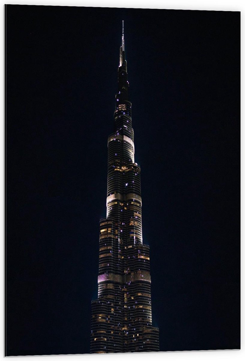 Dibond - Dubai Fontein in het Donker - 60x90cm Foto op Aluminium (Wanddecoratie van metaal