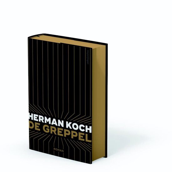 Livre "De Greppel" de Herman Koch, avec une couverture noire ornée de lignes dorées et de texte.