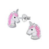 Oorbellen kinderen | Eenhoorn oorbellen | Zilveren oorstekers, eenhoornhoofden met roze glittermanen | WeLoveSilver