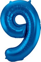Ballon Cijfer 9 Jaar Blauw Verjaardag Versiering Blauwe Helium Ballonnen Feest Versiering 86 Cm XL Formaat Met Rietje
