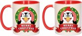 Set de 2x morceaux de tasses / mugs de Noël - rouge avec blanc - céramique 300 ml - imprimé pingouin