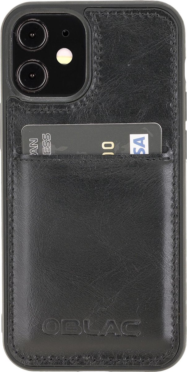 Hoesje iPhone 12 Mini 5.4'' Oblac® - Full-grain leer - Back Cover - 1 kaartvak - Rustiek Zwart