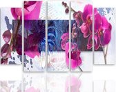 Schilderij , Roze Orchidee 2, 4 maten , 5 luik , Roze blauw wit , Premium print , XXL