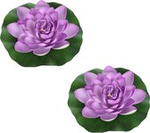 2x Paarse drijvende kunst waterlelie bloemen 18 cm - Tuinaccessoires - Vijverbenodigdheden - Vijverdecoratie - Nep/kunst bloemen/planten - Waterlelies