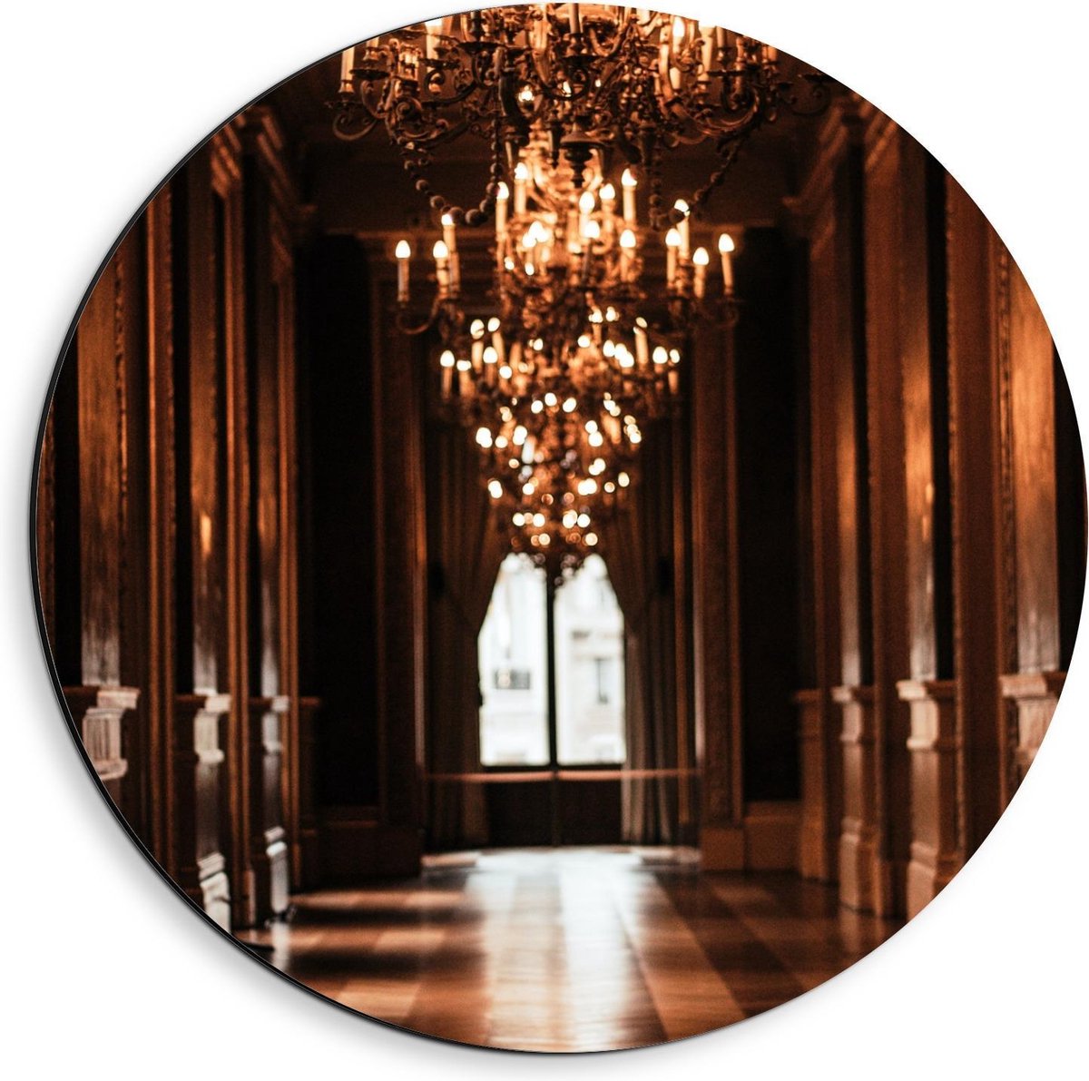 Dibond Wandcirkel - Gang in Paleis met Kroonluchter - 40x40cm Foto op Aluminium Wandcirkel