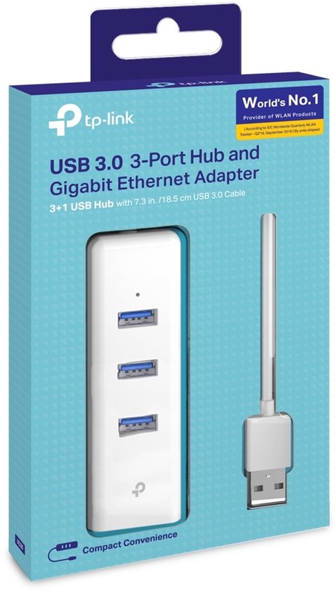 TP-Link USB 3.0 3-poorts hub en Gigabit Ethernet-adapter in verpakking. 'Compact Convenience'.