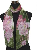 Sjaal dames - groen met roze bloemprint - Polyester