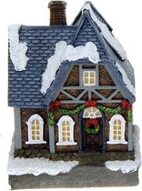 1x Polystone kersthuisjes/kerstdorpje huisjes blauw dak met verlichting 13,5 cm - Kerstdorp onderdelen - Verlichte kersthuisjes