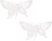 6x stuks kerstboomversiering witte glitter vlinders op clip 15 cm