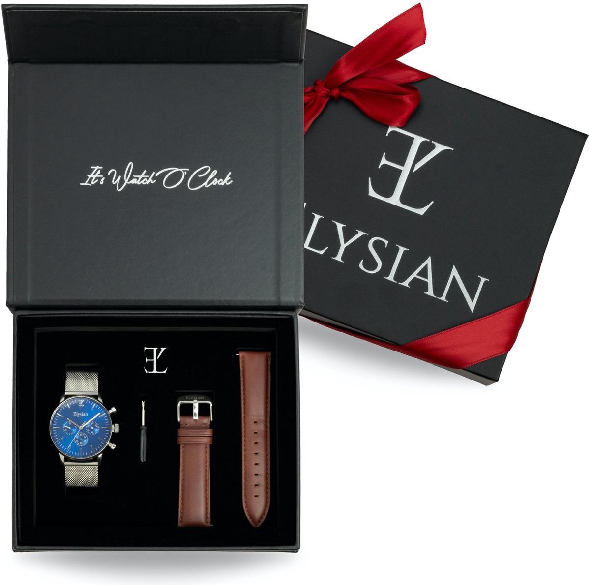 Elysian - Horloge Geschenkset mannen - Zilveren mesh horloge geschenkdoos met leren horlogebandje - Roestvrij Staal - Vaderdag Cadeau