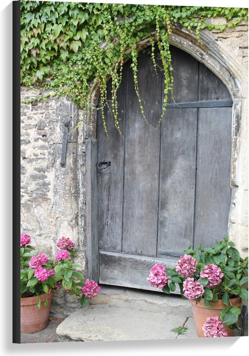 Canvas - Grijze Voordeur met Bloemen - 60x90cm Foto op Canvas Schilderij (Wanddecoratie op