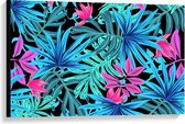 Canvas  - Blauw met Roze Bladeren - 90x60cm Foto op Canvas Schilderij (Wanddecoratie op Canvas)